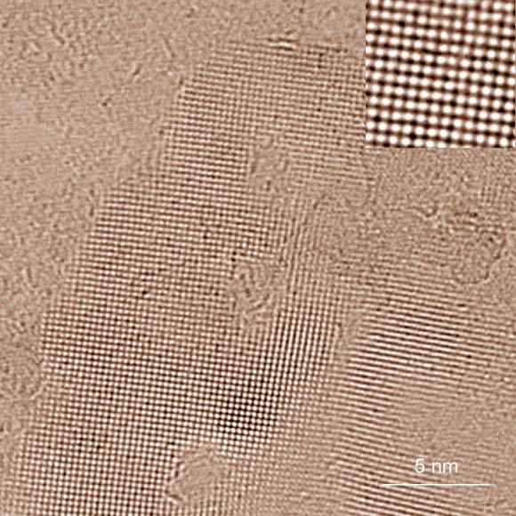 Square ice between two graphene sheets as seen in a transmission electron microscope (TEM); high-contrast dark spots are oxygen atoms that indicate positions of water molecules; hydrogen atoms yield too little contrast to be resolved even by the TEM. The top right inset shows a magnified image of a small area in the centre of the ice crystal. Image credit: University of Ulm.